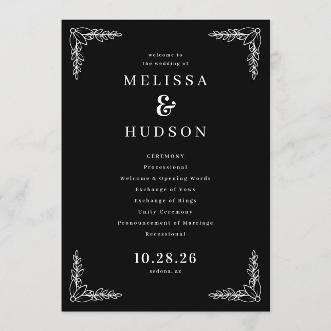 Elegant Black Floral Wedding Ceremony Schedule Program (Front)