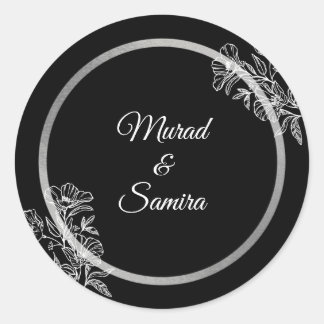 Elegant Black Floral Wedding Classic Round Sticker
