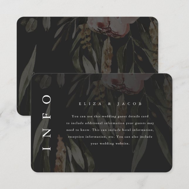 Elegant Black Floral Wedding Guest Detail RSVP Card (Front/Back)