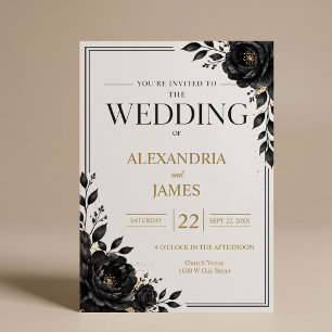 Elegant Black Floral Wedding Invitation
