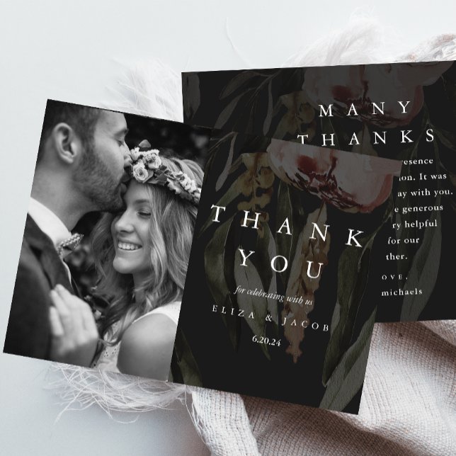 Elegant Black Floral Wedding Photo Thank You Card (Creator Uploaded)