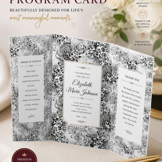 Elegant Black Floral Wedding Program Tri-Fold Programme (Creator Uploaded)