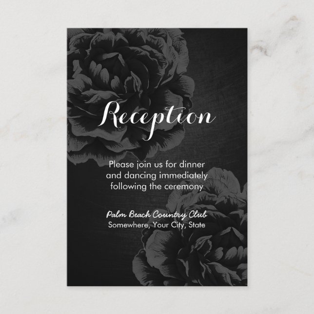 Elegant Black Floral Wedding Reception Enclosure Card (Front)