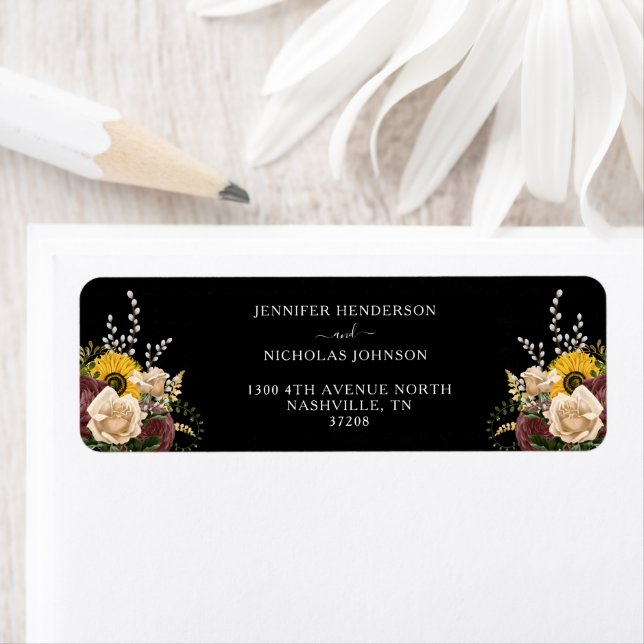 Elegant Black Floral Wedding Return Address Label (Insitu)