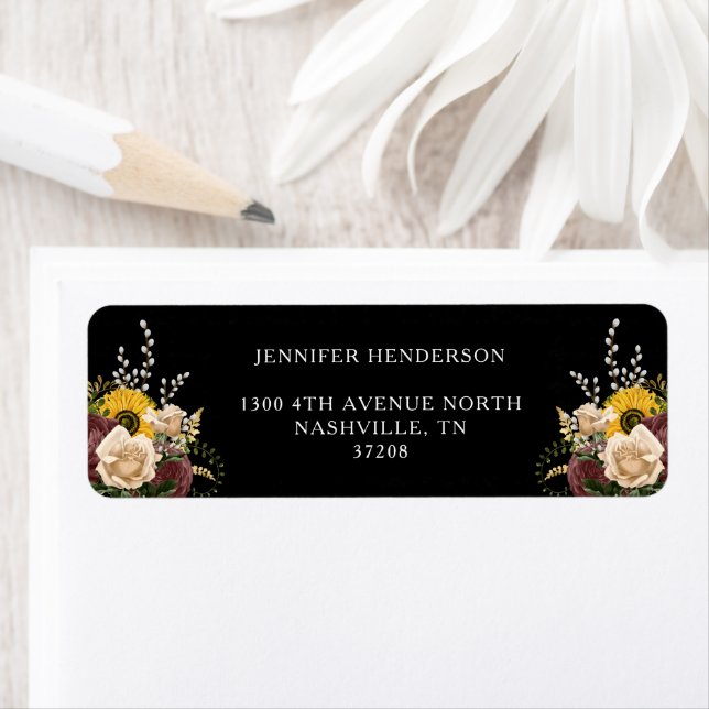 Elegant Black Floral Wedding Return Address Return Address Label (Insitu)