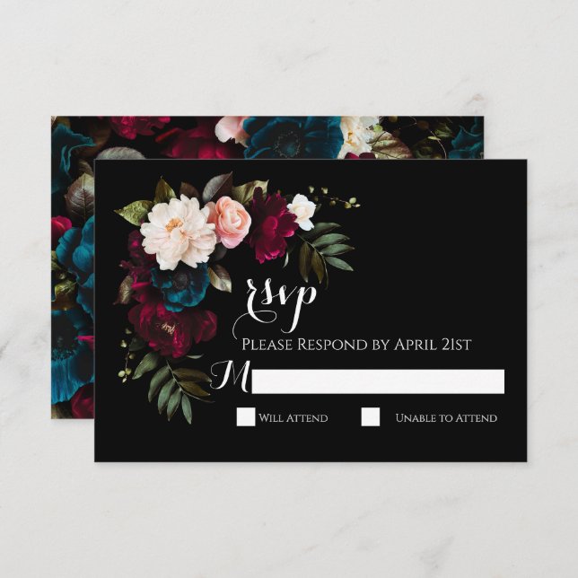 Elegant Black Floral Wedding RSVP Response Card (Front/Back)