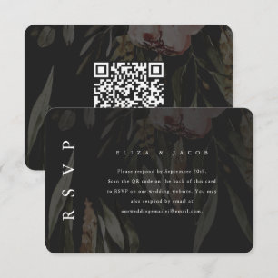 Elegant Black Floral Wedding RSVP with QR Code Card