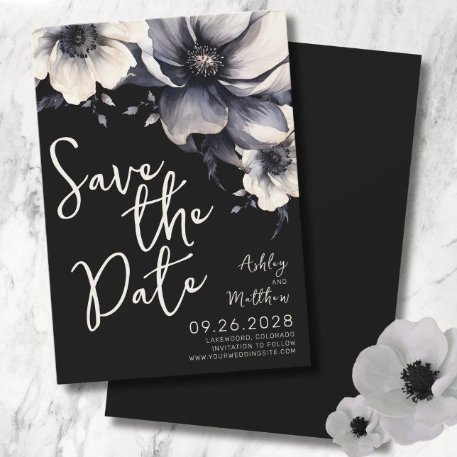 Elegant Black Floral Wedding Save The Date (Script Modern Elegant Floral Black White Wedding Save The Date)