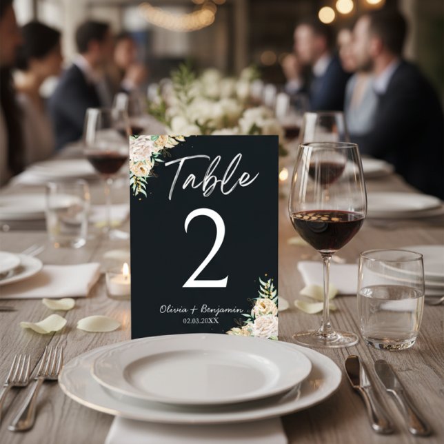 Elegant Black Floral Wedding Table Number Card (Creator Uploaded)