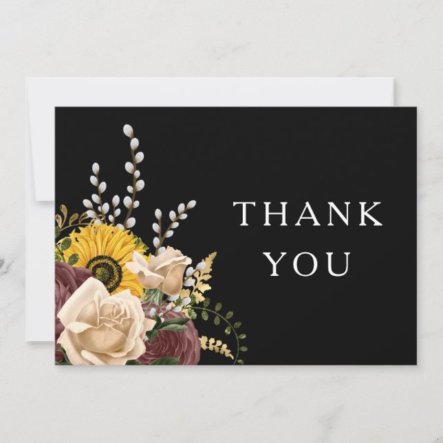  Elegant Black Floral Wedding Thank You Card (Front)