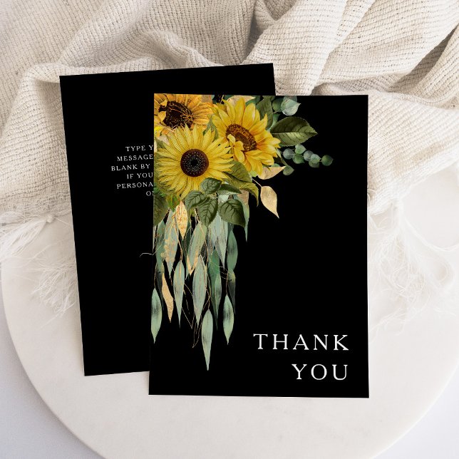 Elegant Black Floral Wedding Thank You Card (Floral Sunflower Eucalyptus Black Wedding Thank You Card)