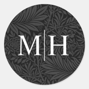 Elegant Black Floral White Monogram Wedding Classic Round Sticker