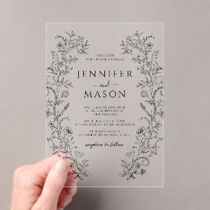 Elegant Black Floral Wreath Simple Modern Wedding Acrylic Invitations