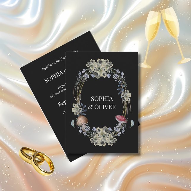 Elegant Black Flower and Mushroom Wreath Wedding  Invitation (Creator Uploaded)