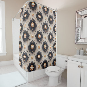 Elegant Black Flower Embellishments With Pearl Shower Curtain