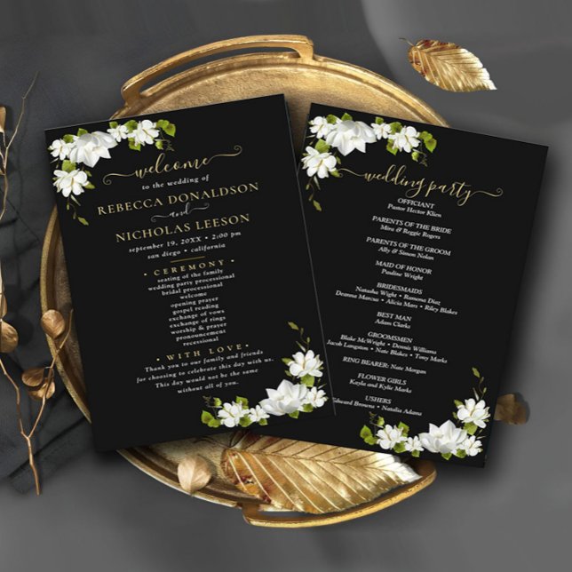 Elegant Black Flowers Botanical Wedding Program (Creator Uploaded)