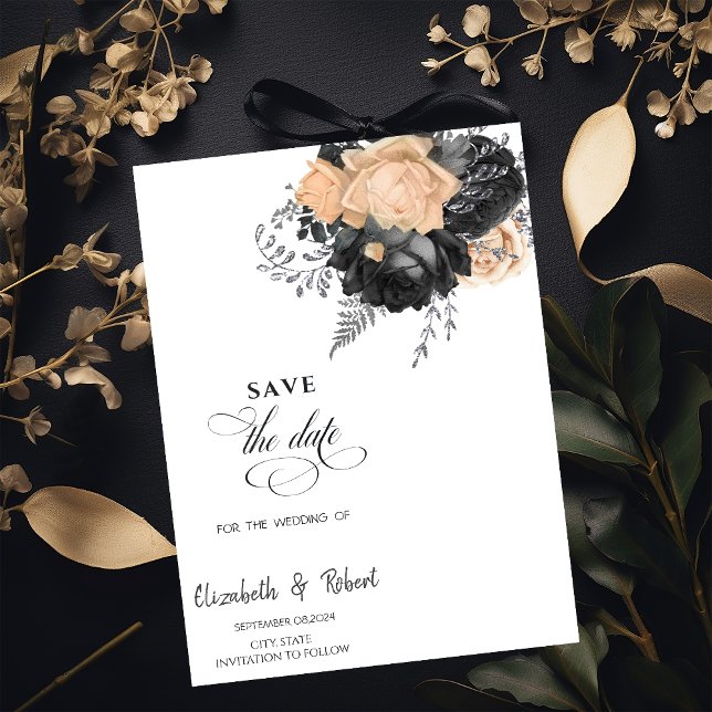 Elegant Black Flowers Cream Save The Date (Creator Uploaded)