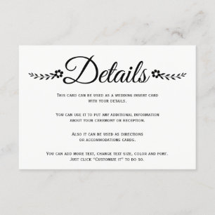 Elegant black flowers typography wedding details enclosure card