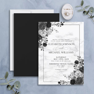 Elegant Black Flowers Watercolor Marble Wedding Invitation