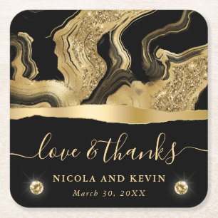 Elegant Black Foil and Gold Glitter Agate Wedding Square Paper Coaster