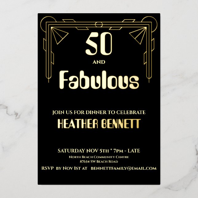 Elegant Black Foil Art Deco 50 Fabulous Birthday (Front)