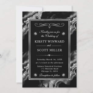 Elegant Black Foil & Silver Glitter Agate Wedding Invitation