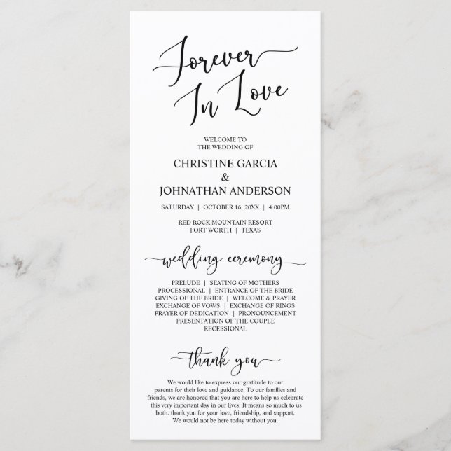 Elegant Black, Forever in Love, Wedding Ceremony Program (Front)