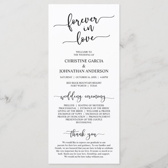 Elegant Black, Forever in Love, Wedding Ceremony Program (Front)