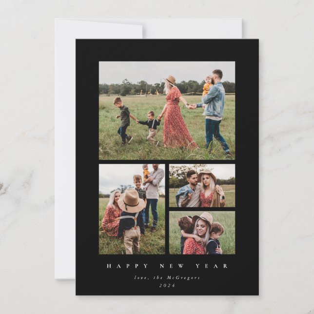 Elegant Black Frame 4 Photo Happy New Year Holiday Card (Front)