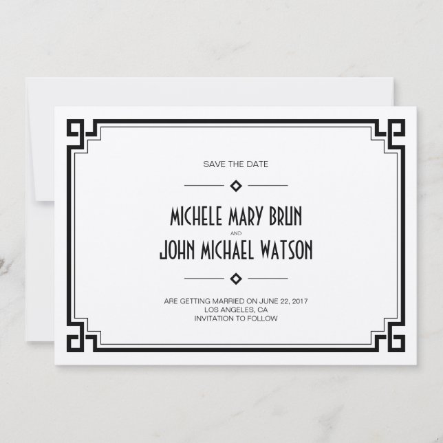 Elegant Black Frame Art Deco Save the Date Card (Front)