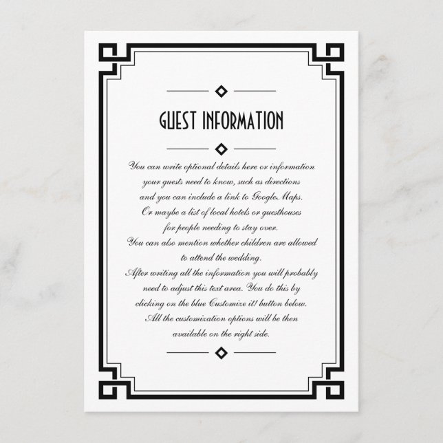 Elegant Black Frame Art Deco Wedding Insert Card (Front)