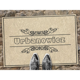 Elegant Black Frame Flourishes Custom Name Welcome Doormat
