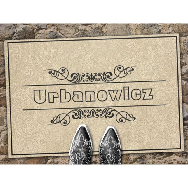 Elegant Black Frame Flourishes Custom Name Welcome Doormat (Creator Uploaded)