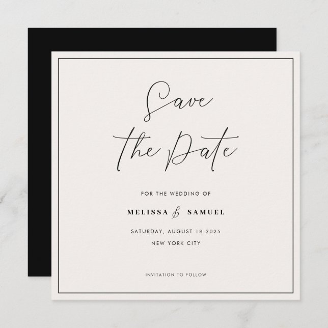 Elegant Black Frame Handwritten Script Wedding Save The Date (Front/Back)