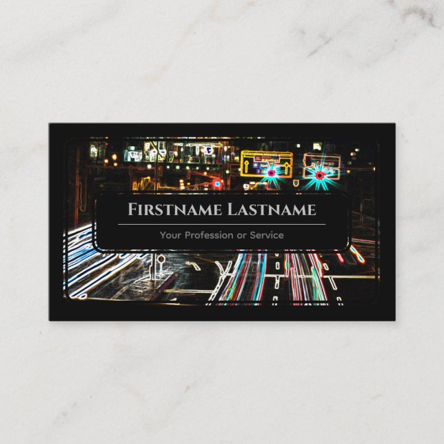 Elegant black framed neon lights round business card (Front)