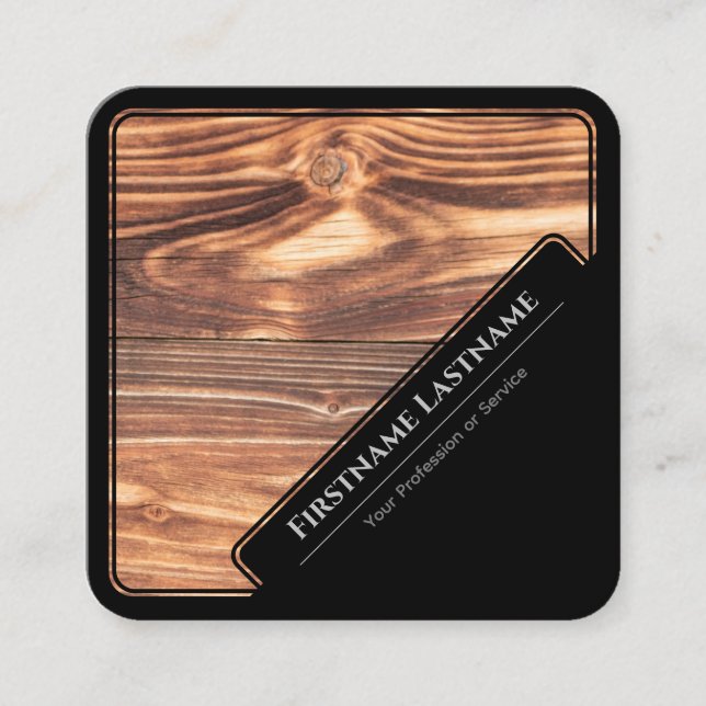 Elegant black framed wooden style wood grain square business card (Front)