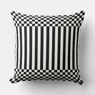 Elegant Black Geometric Stripes & Chequered White Cushion