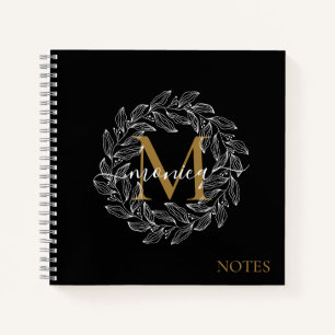Elegant Black Girly Floral Gold Monogram Name Notebook