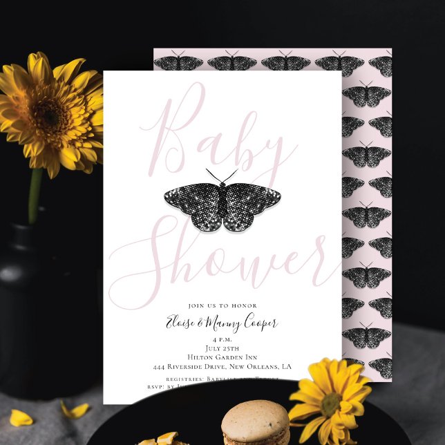 Elegant Black Glitter Butterfly Pink Baby Shower Invitation (Creator Uploaded)