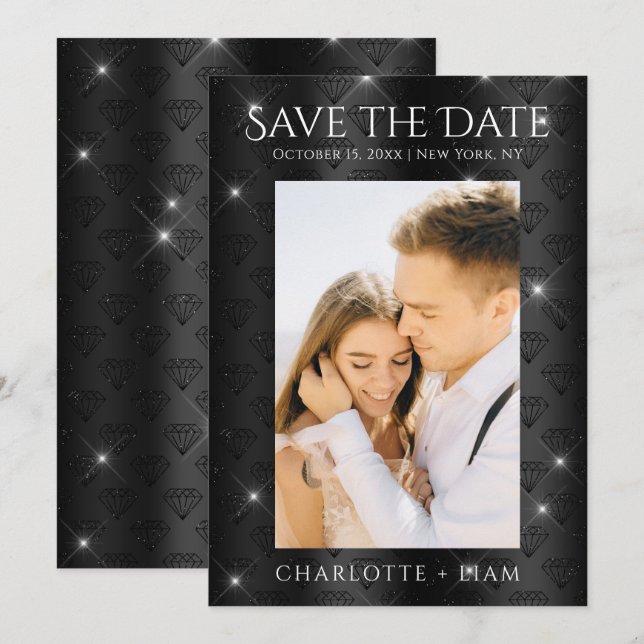 Elegant Black Glitter Diamond Photo Save The Date (Front/Back)