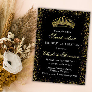 Elegant Black Glitter Gold Crown Sweet 16 Birthday Invitation