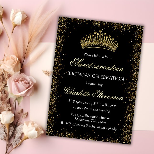 Elegant Black Glitter Gold Crown Sweet 17 Birthday Invitation (Creator Uploaded)