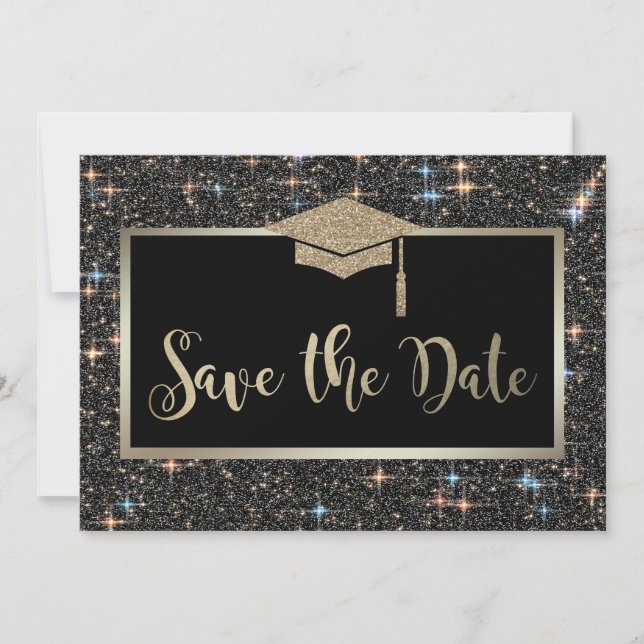 Elegant Black Glitter Graduation Save The Date (Front)