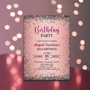 Elegant Black Glitter Metallic Pink 101st Birthday Invitation