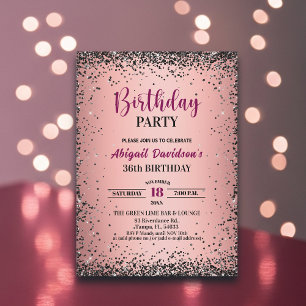 Elegant Black Glitter Metallic Pink 36th Birthday Invitation