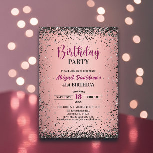 Elegant Black Glitter Metallic Pink 41st Birthday Invitation