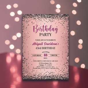 Elegant Black Glitter Metallic Pink 43rd Birthday Invitation