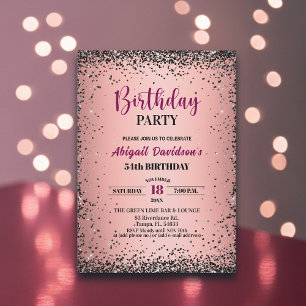 Elegant Black Glitter Metallic Pink 54th Birthday Invitation