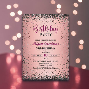 Elegant Black Glitter Metallic Pink 55th Birthday Invitation