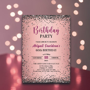Elegant Black Glitter Metallic Pink 60th Birthday Invitation